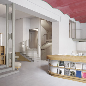 Rendering of the future foyer with ticket counter, museum shop and café (c) qucumber.at
